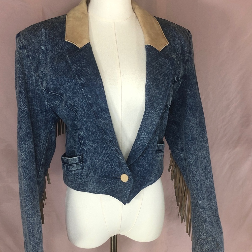 Vintage Blue Denim Western Country Leather Tan Collar Fringe Size Large Like New - Picture 9 of 16
